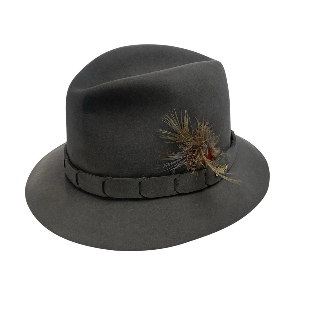 Dobbs Golden Coach Genuine Fur Felt Hat Charcoal Gray Size 7 1/8 Feathers & Pin